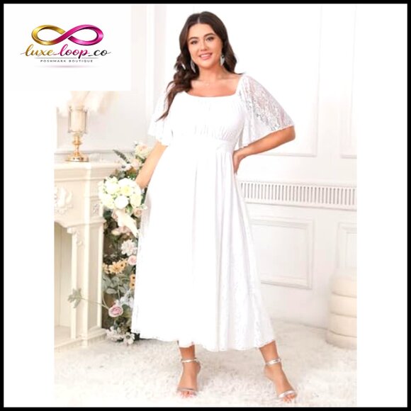 Plus Size Lace Formal Maxi Dress Square Neck Short Sleeve A-Line Wedding Guest - Picture 2 of 6